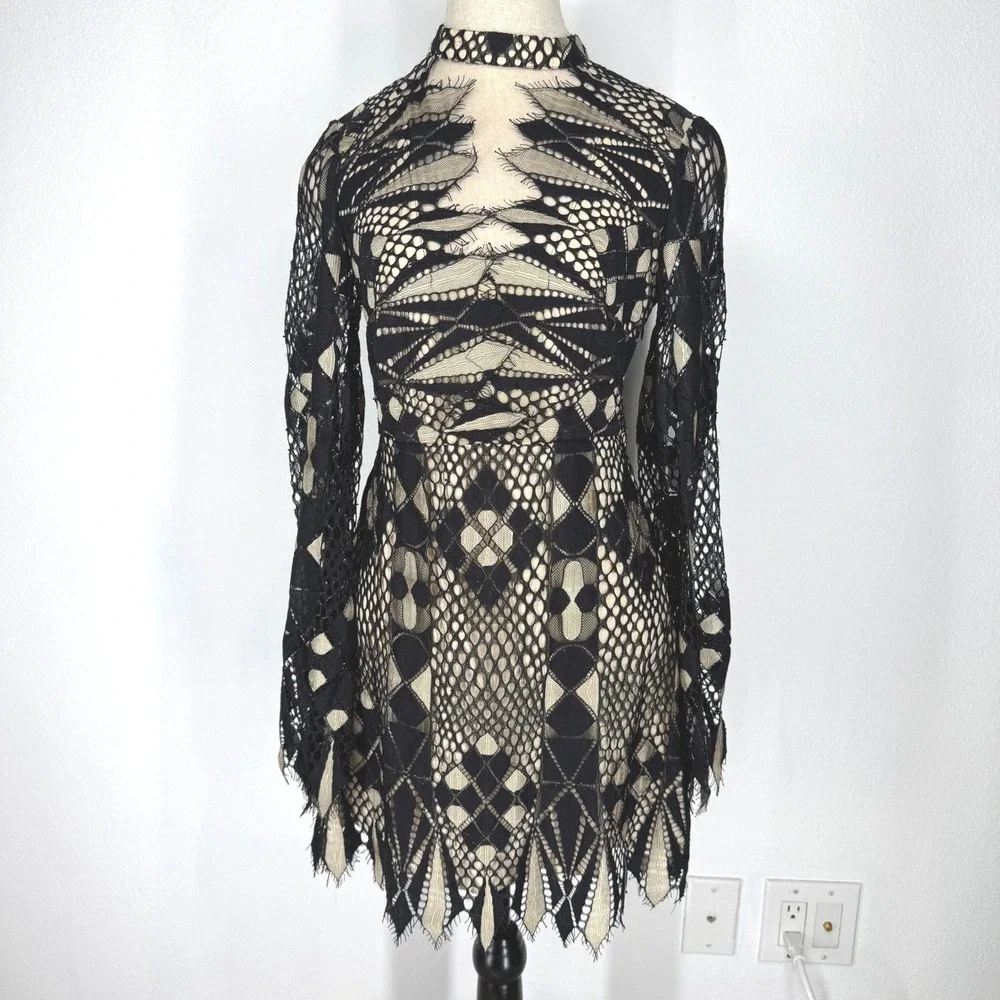 Free People Deco Lace Sheer Mini Dress Whimsigoth Bell Sleeve Edgy Boho 4 NEW - Picture 1 of 9